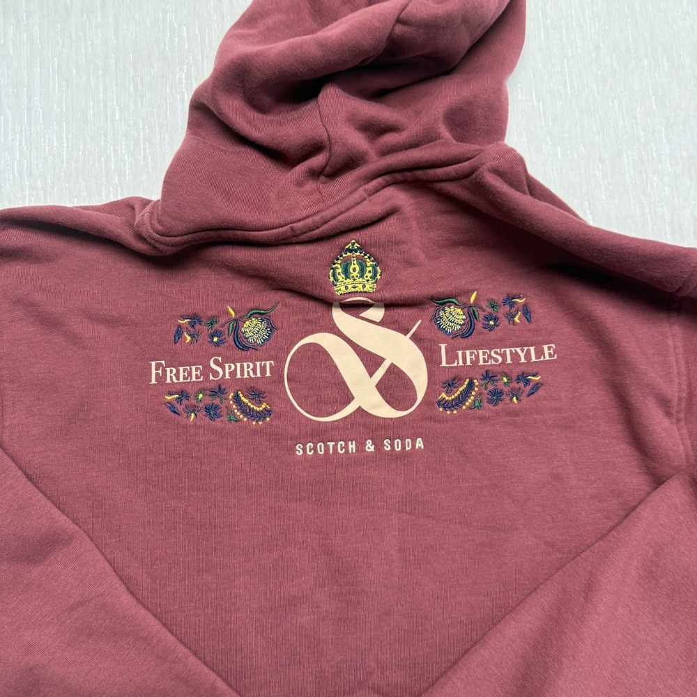 Scotch & Soda Hoodie Mens Unisex Medium Maroon Free Spirit Graphic Fleece Lined